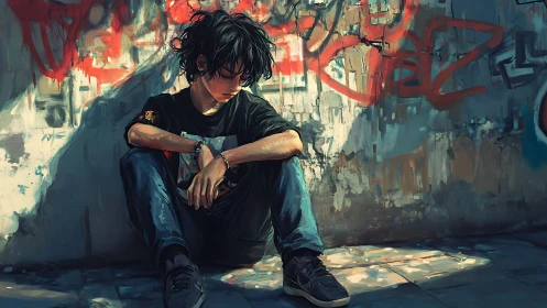 Solitary teen resting against urban graffiti wall at dusk.