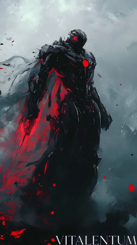 Shadowy armored figure glows with fierce crimson energy