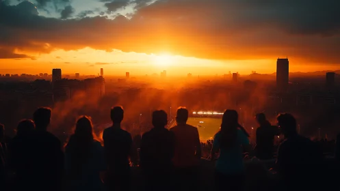 Sunset silhouettes over city stadium and glowing skyline.