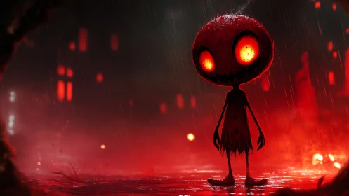 Fiery-eyed ragdoll figure in rain-soaked crimson alleyway.