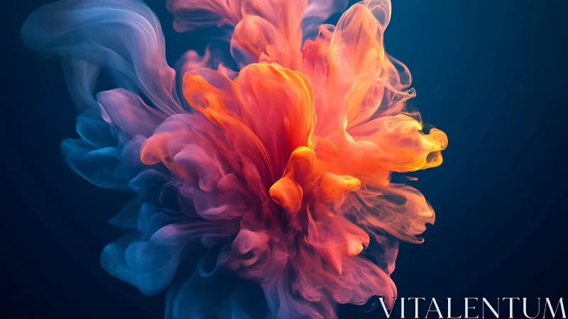 Vivid orange ink cloud blooms in deep blue water space.