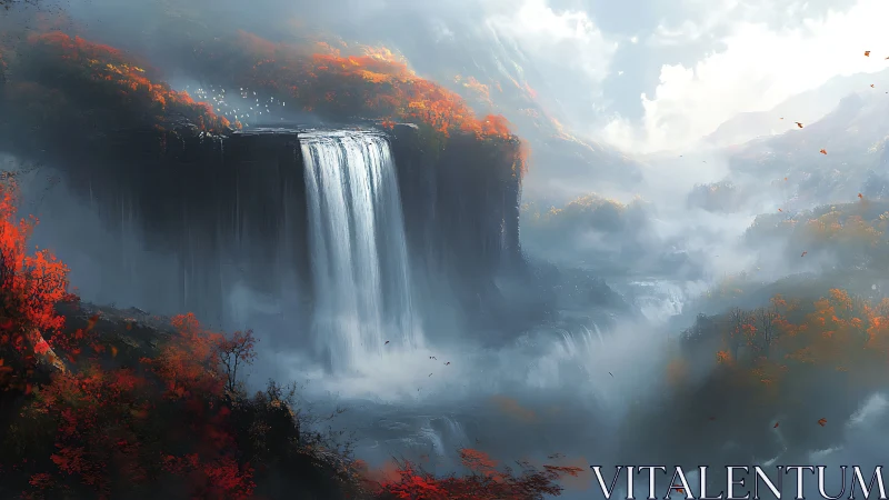 Waterfall plunges from high cliff into misty autumn valley