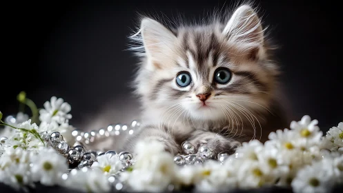 Fluffy Tabby Kitten with Blue Eyes Among White Daisies and Dewdrops