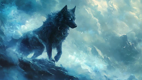 Storm-chasing spirit wolf carves a path through frozen sky