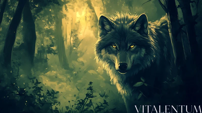 Luminous-eyed grey wolf in backlit emerald forest clearing