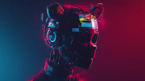 Neon cybernetic bear head glows in split blue red void.