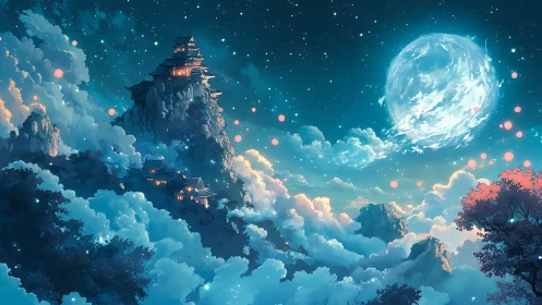 Mountain temple complex floats above clouds under luminous moon