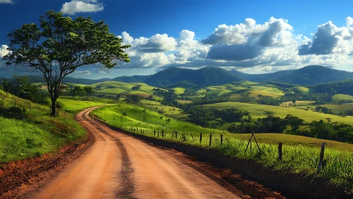 Sunlit country road gently winding through peaceful green hills