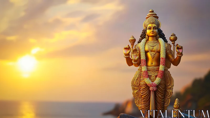Golden four-armed deity statue before coastal sunset sky.