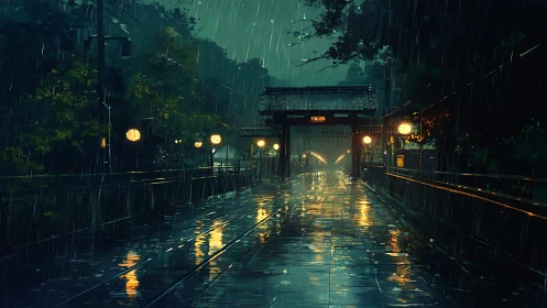 Gentle lantern glow along a rainy midnight temple path.