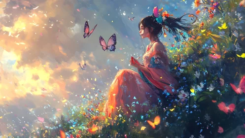 Digital painting of serene girl amid luminous butterflies.