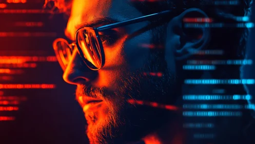 Side-lit coder portrait with neon bicolor key lighting and code overlays