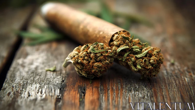 Cannabis cigarillo with exposed buds on worn wooden surface.