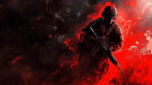 Armored soldier advances through searing red battlefield haze