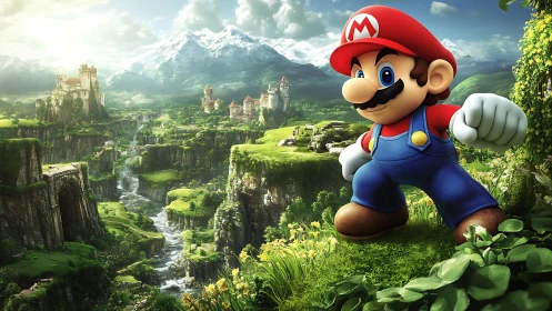 Cartoon plumber character in detailed fantasy landscape.