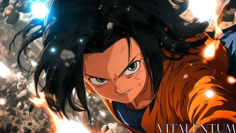 Fierce anime warrior surges through shattering battle sky.