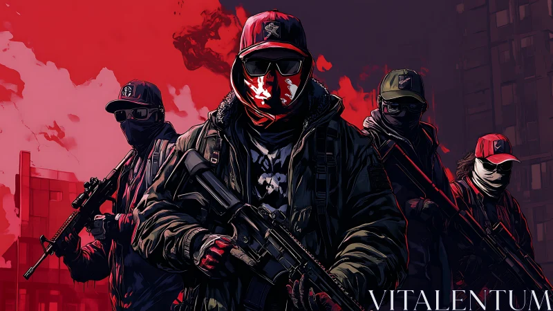 Masked gunmen stand in urban street with red smoke background