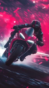 Neon lit superbike rider leans into a high speed night turn.