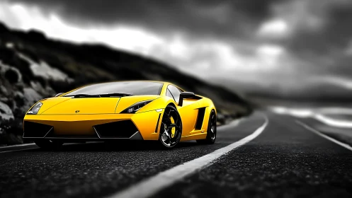 Golden sports car glows warmly against a stormy coastal road