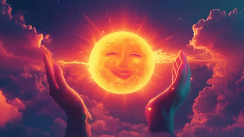 Smiling anthropomorphic sun cradled by glowing human hands.
