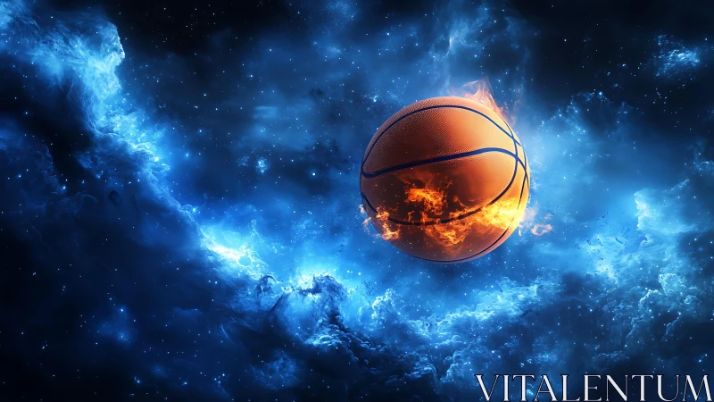 Fiery basketball orbits through luminous blue cosmic nebula