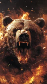 Photorealistic roaring bear portrait with infernal firefield.