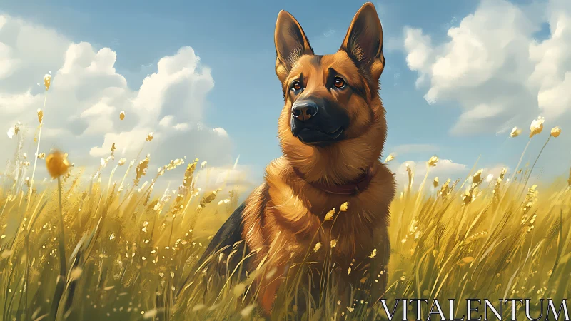 German shepherd rendered in sunlit meadow environment