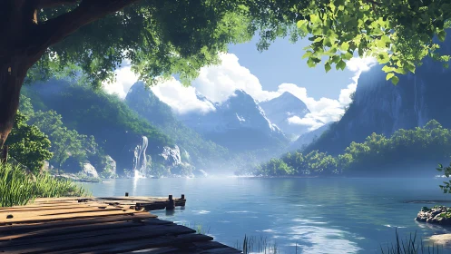 Sunlit mountain lake and wooden dock invite quiet reflection.