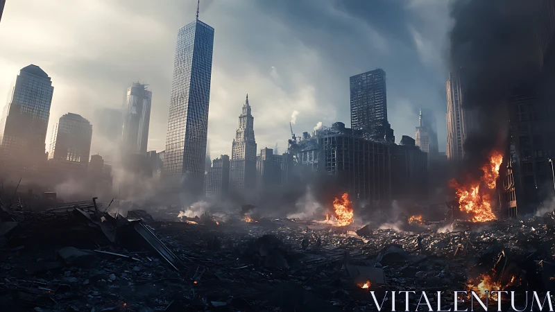 Urban skyline over ruined cityscape with structural fires.