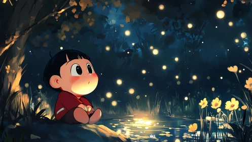 Child watching glowing lights by a quiet forest pond at night.