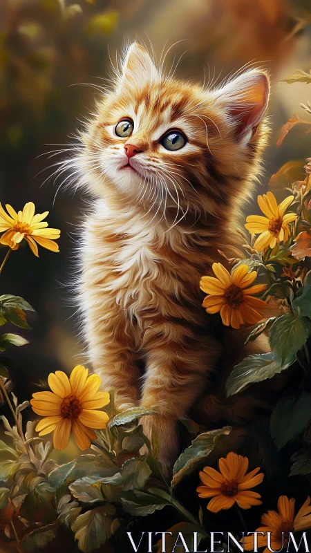 Ginger Kitten Portrait with Volumetric Rendering Among Daisy Flowers