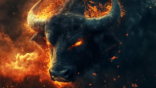 Fiery bull spirit emerging from glowing embers and smoke.