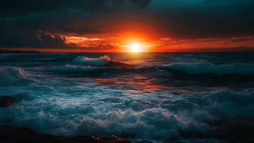 Sunset over ocean waves under dense cloud cover.