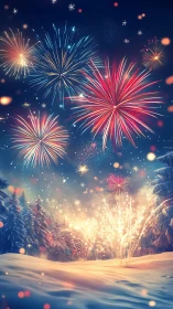 Snowfield sky ignites with jubilant winter fireworks magic.