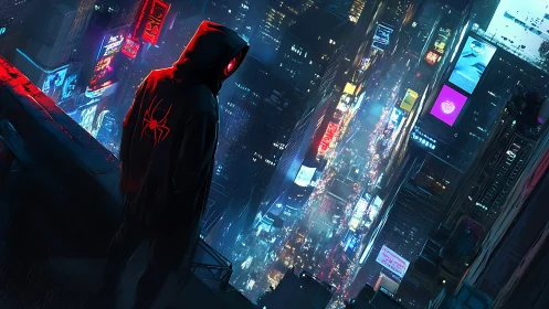 Hooded spider-symbol figure overlooks dense neon city street