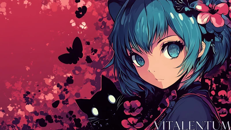 Dreamy blue haired girl and curious black cat in bloom.