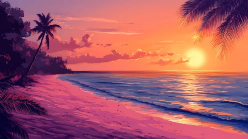 Digital shoreline scene depicts sunset over tropical coast