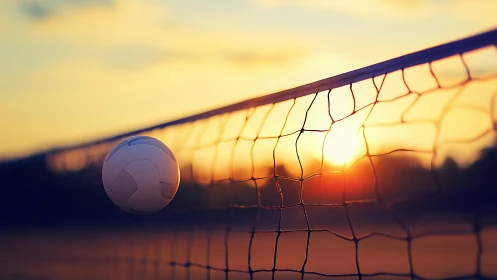Sunset volleyball hangs weightless at the net’s glowing edge