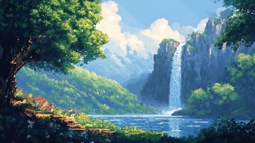 Sunlit pixel forest opens onto a calm waterfall valley