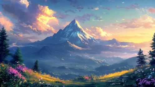 Sunlit alpine peak overlooks vivid wildflower valley.