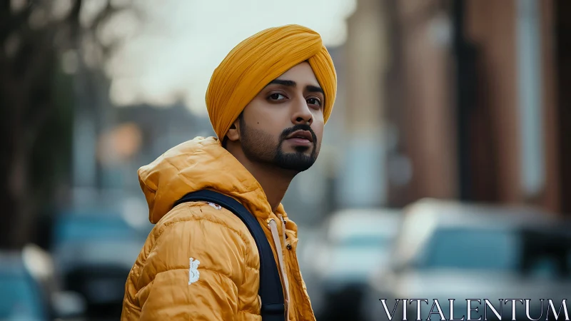 Street portrait with yellow turban and quilted jacket.