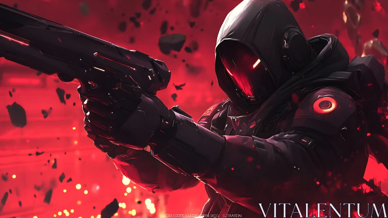 Armored cybernetic assassin fires through blazing red void.