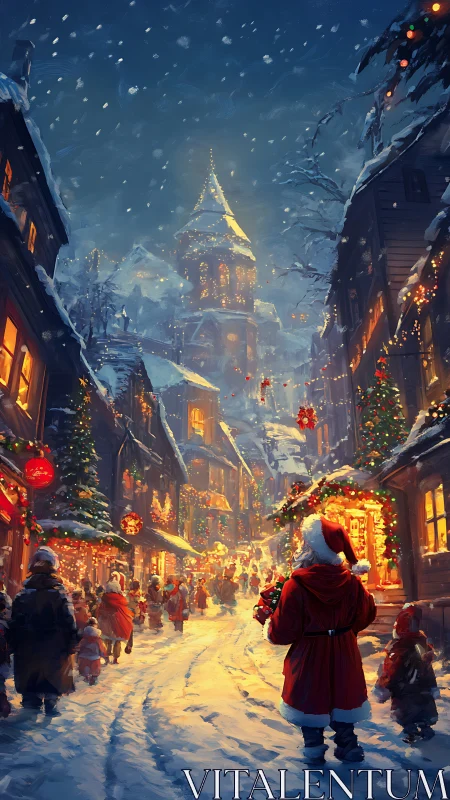 Snowlit village Christmas bustle under Santa’s gentle watch.