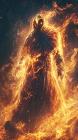 Fiery cloaked guardian rising from glowing cosmic flames.