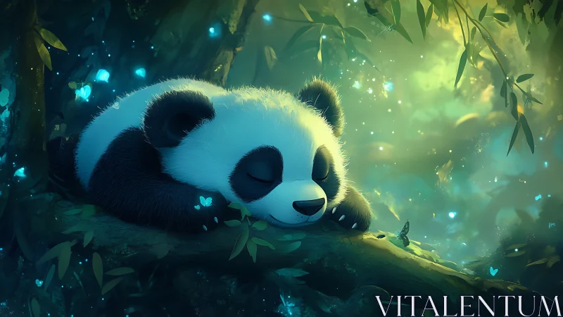 Cute panda cub sleeping on a forest branch at night.