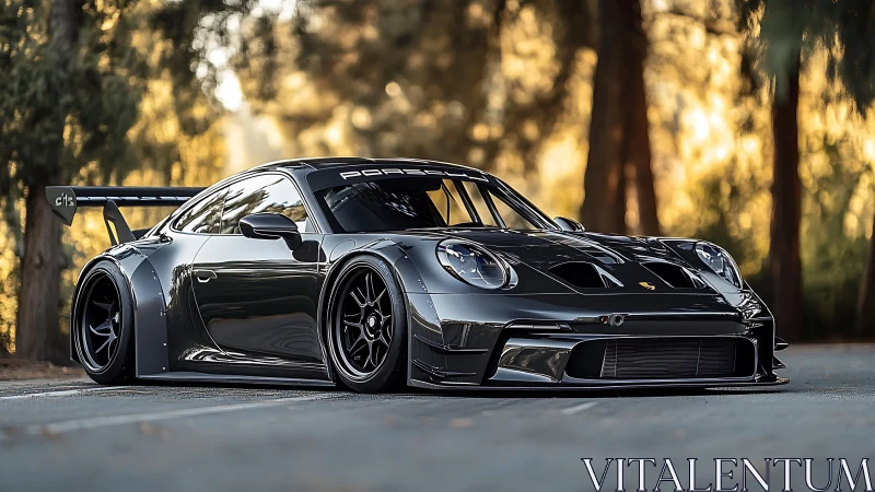 Low-slung black track-focused coupe is parked on a road