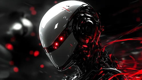 Futuristic humanoid robot with glossy helmeted head profile.