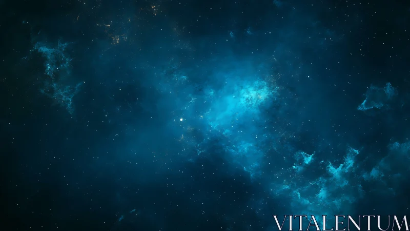 Blue nebula cloud fills deep space field with bright stars