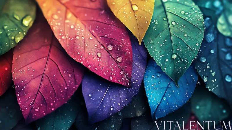 Vibrant rainbow leaves gleam under delicate raindrops
