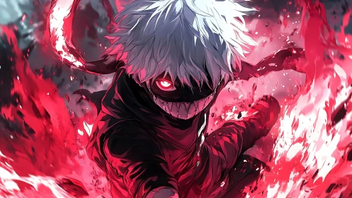 Crimson chaos whirls while the masked ghoul grins upward